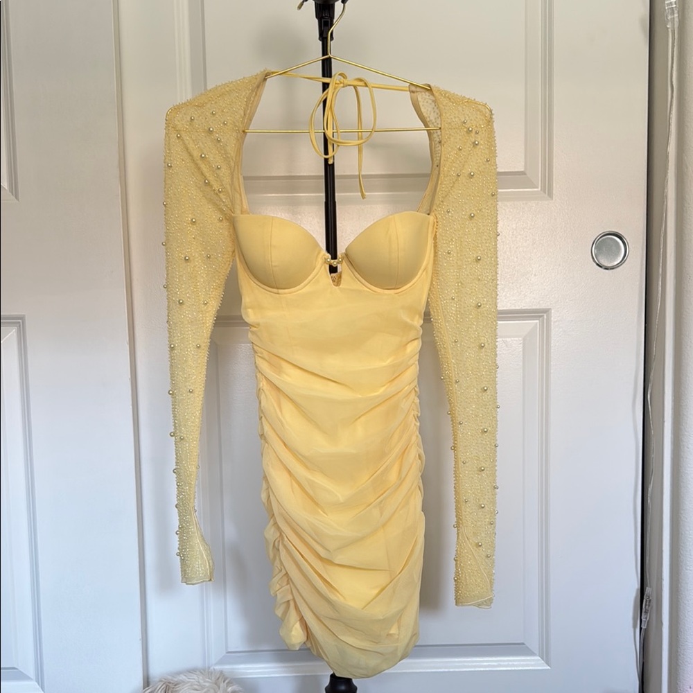 NWOT OHPOLLY Elegant Yellow Beaded Dress